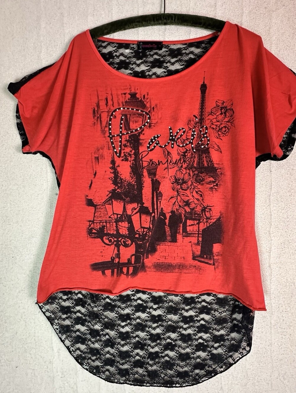 VTG Y2K Annabelle Whimsigoth Grunge Top Bling Paris Lace Back Black Red Sz 1x